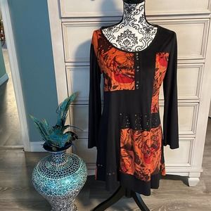 Women’s black and orange abstract color block, cute dress medium